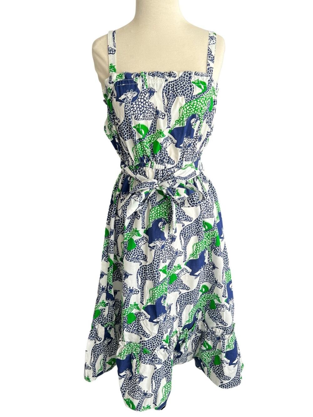 La Vogue Vintage Cotton Sun Dress White Blue Green Animals Size 14 READ